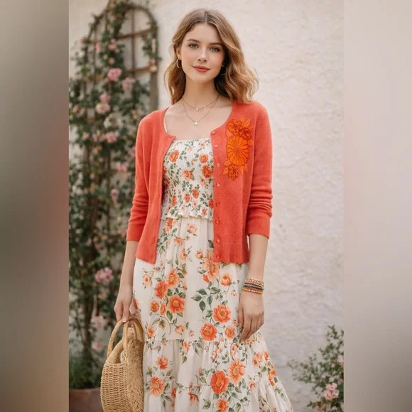 Tabitha Anthropologie lightweight cashmere wool cardi silk floral appliqué sz M - Picture 1 of 8